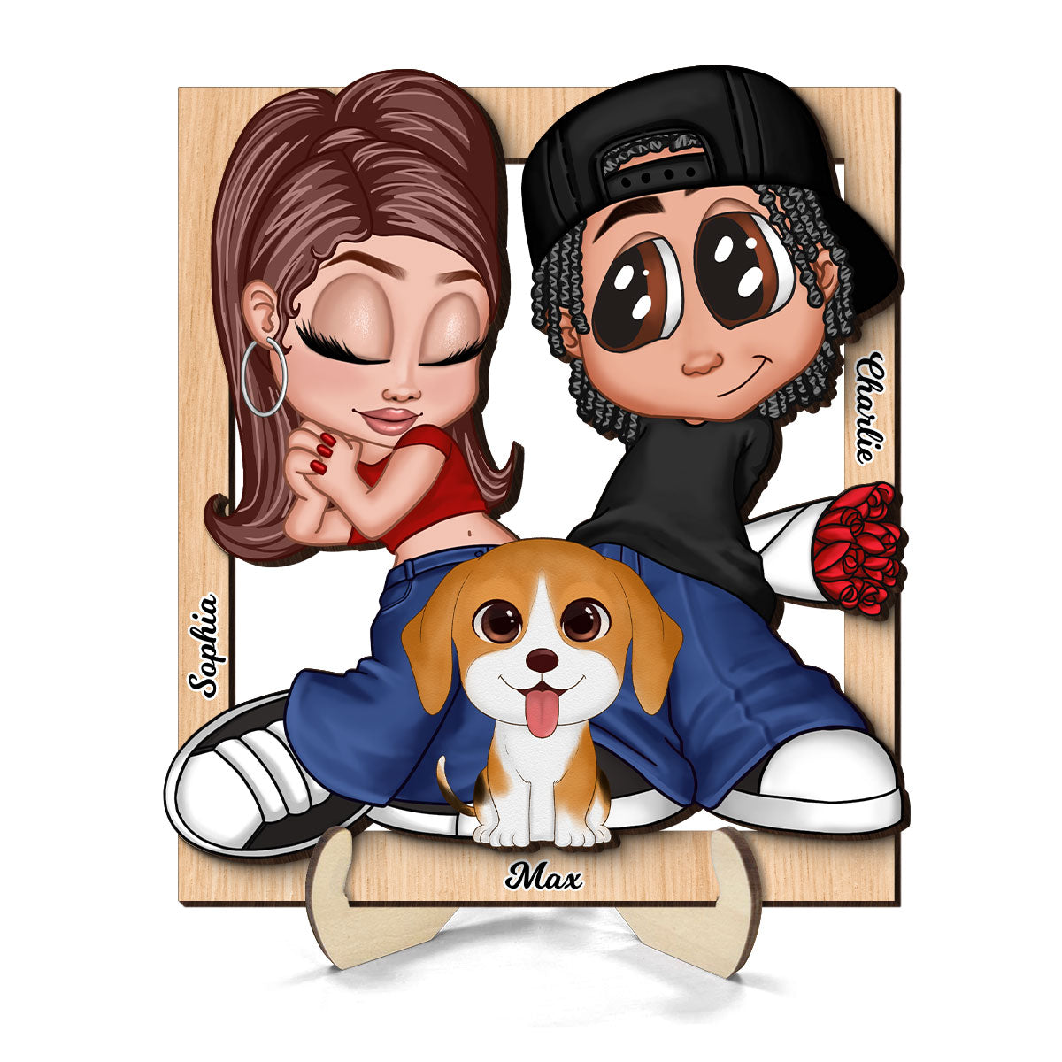 Y2K Couple Dogs Cats Frame Personalized 2-layer Wooden Plaque, Gift for Him, Gift for Her