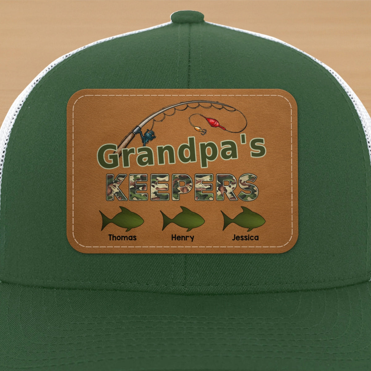 Grandpa‘s Keepers Fishing Camouflage Personalized Leather Patch Hat