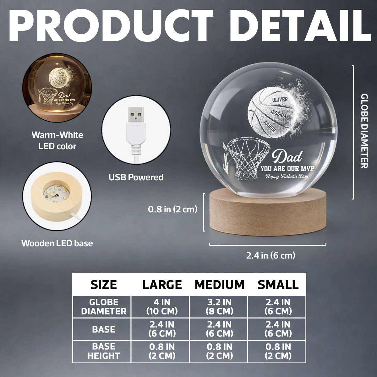 Basketball No 1 Dad Legend You Are Our MVP - Personalized Crystal Ball LED Night Light - Gift For Dad, Husband, Basketball Fans