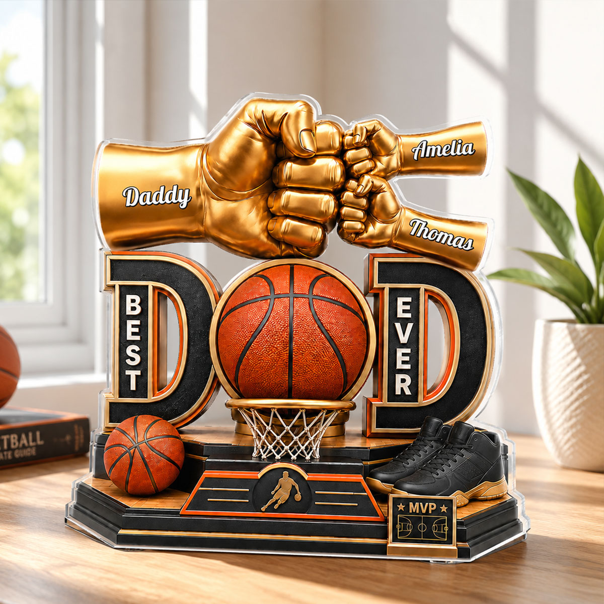 Basketball Dad & Kids Fist Bump - Personalized Acrylic Block Plaque - Gift For Dad, Husband