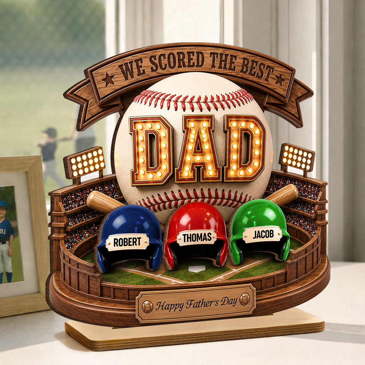 Baseball Dad The Greatest Champion Trophy - Personalized 2-Layered Wooden Plaque - Gift For Dad, Husband