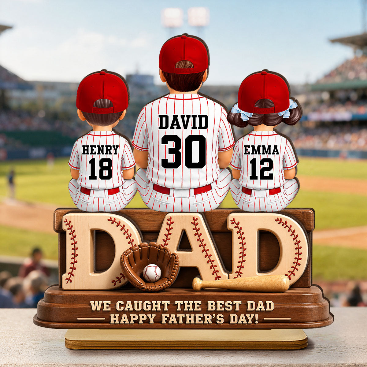 We Caught the Best Baseball Dad, Dad & Kids Back View - Personalized 2-Layered Wooden Plaque - Gift for Dad, Husband