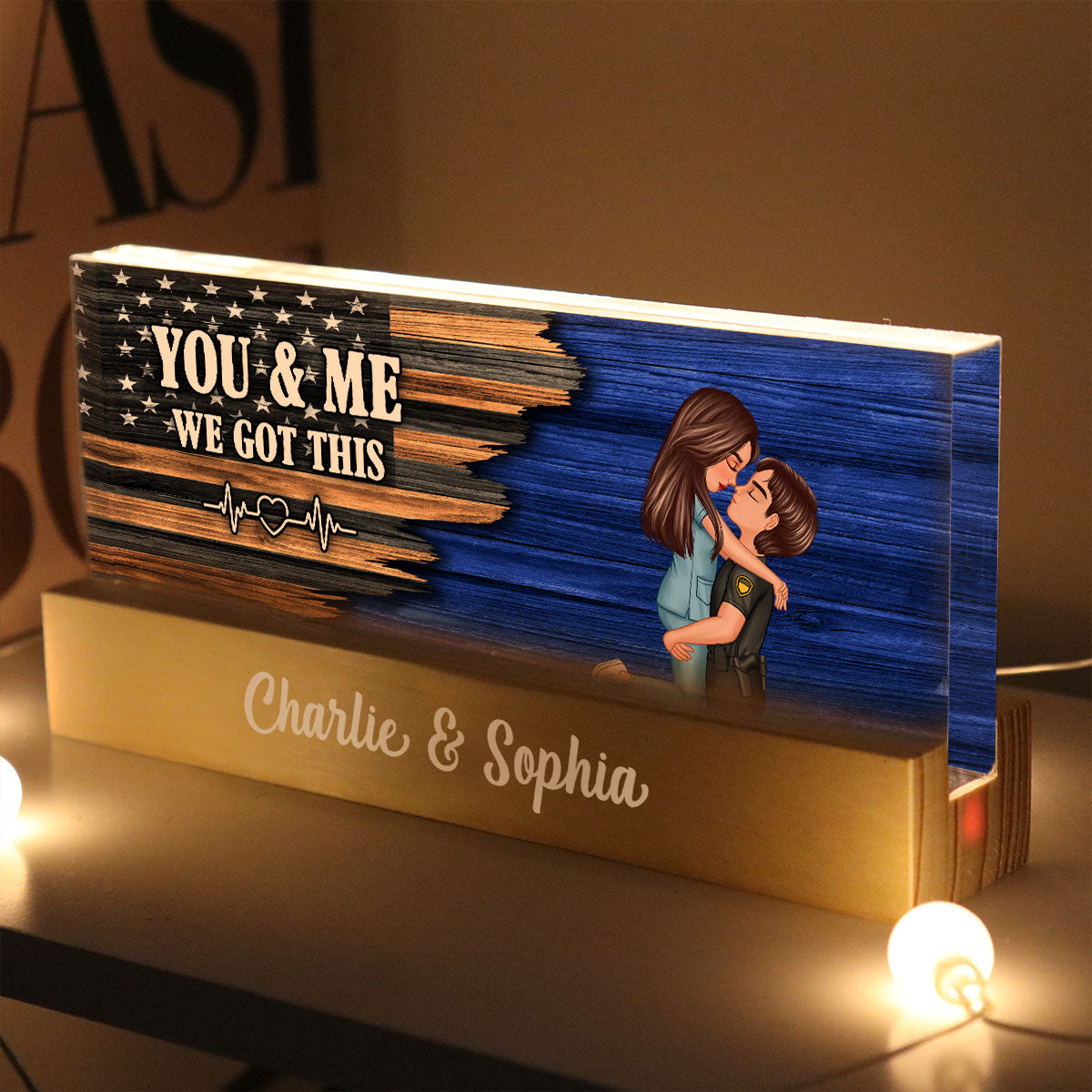 Hero Couple Hugging Kissing Half Flag Gift by Occupation Personalized Acrylic Block LED Night Light