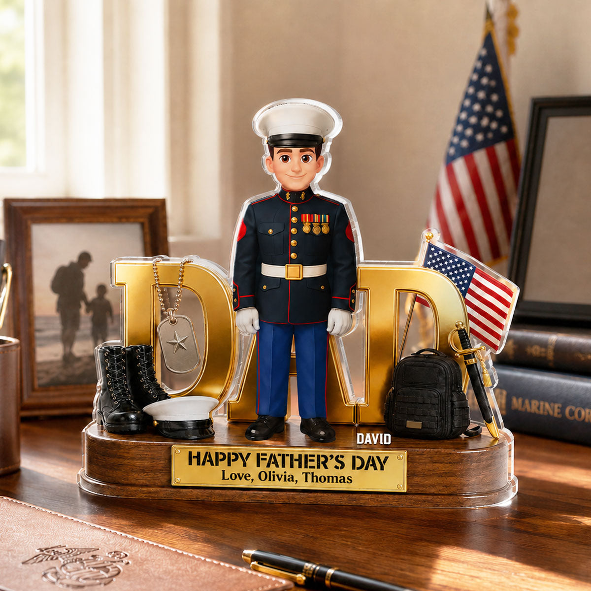 Proud American Marine Dad You Are Our Hero 2D Flat - Personalized Acrylic Block Plaque - Gift For Dad