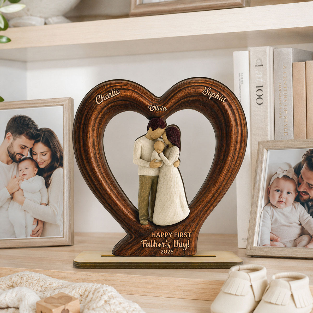 Happy First Dad From Mom And Baby 2D Flat Heart - Personalized 2-Layered Wooden Plaque - Heartfelt Gift For Husband, New Dad
