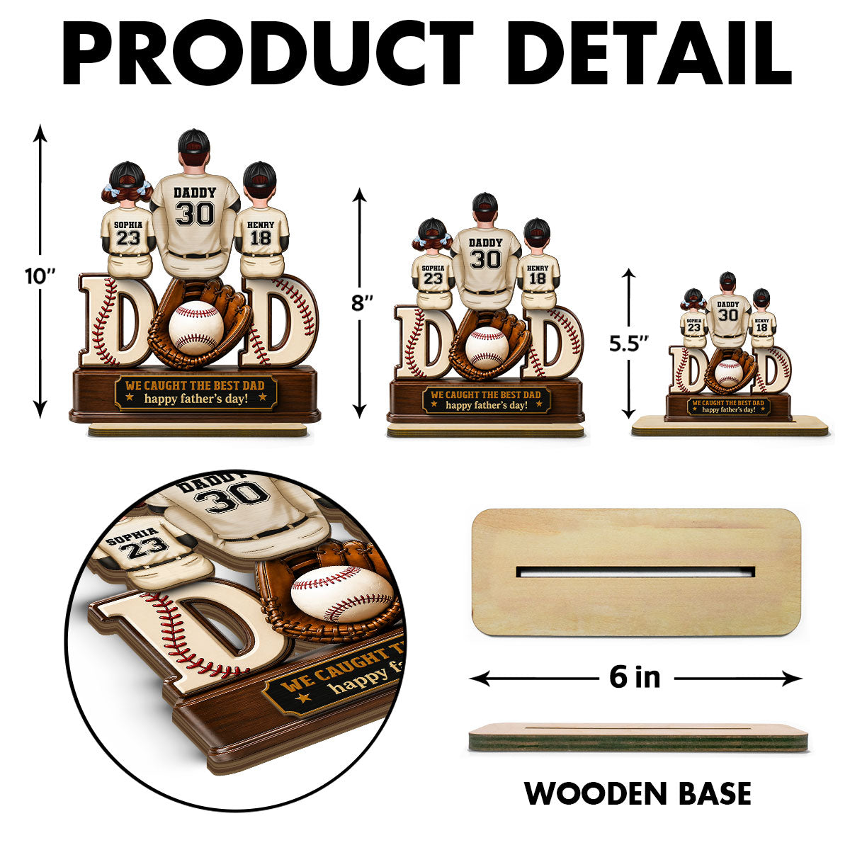 Dad And Children Baseball Gloves - Personalized 2-Layered Wooden Plaque - Gift for Dad, Husband