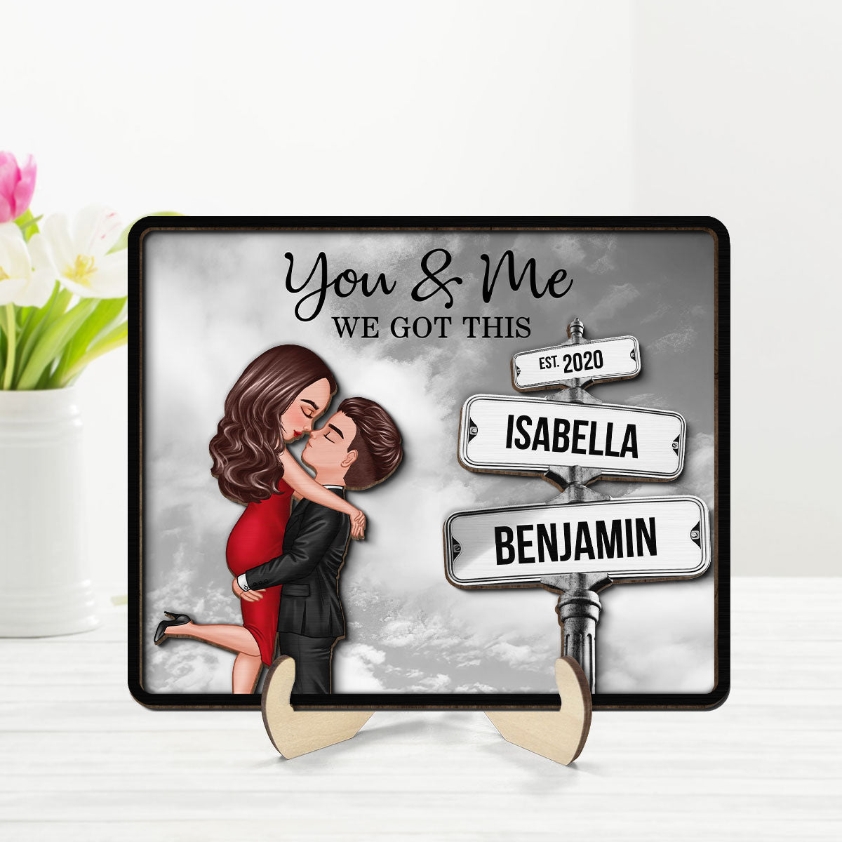 Couple Hugging Milestone Together Personalized Crossroads Street Sign 2-Layered Wooden Plaque, Best Home Bedroom Desk Decor For Couples, Gift For Her, For Him