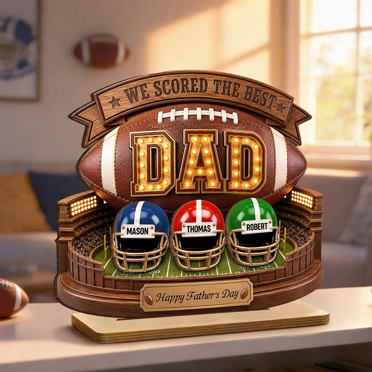 American Football Best Dad - Personalized 2-Layered Wooden Plaque - Gift For Dad, Husband