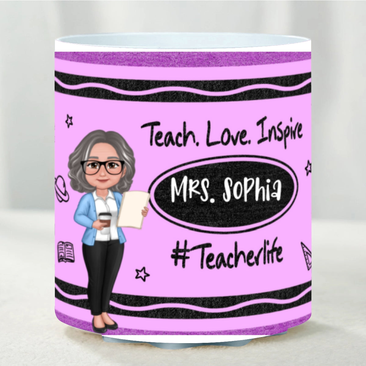 Teacher Crayon Pattern Personalized Rotating Pen Holder, Teacher Appreciation Gift, Back To School Gift