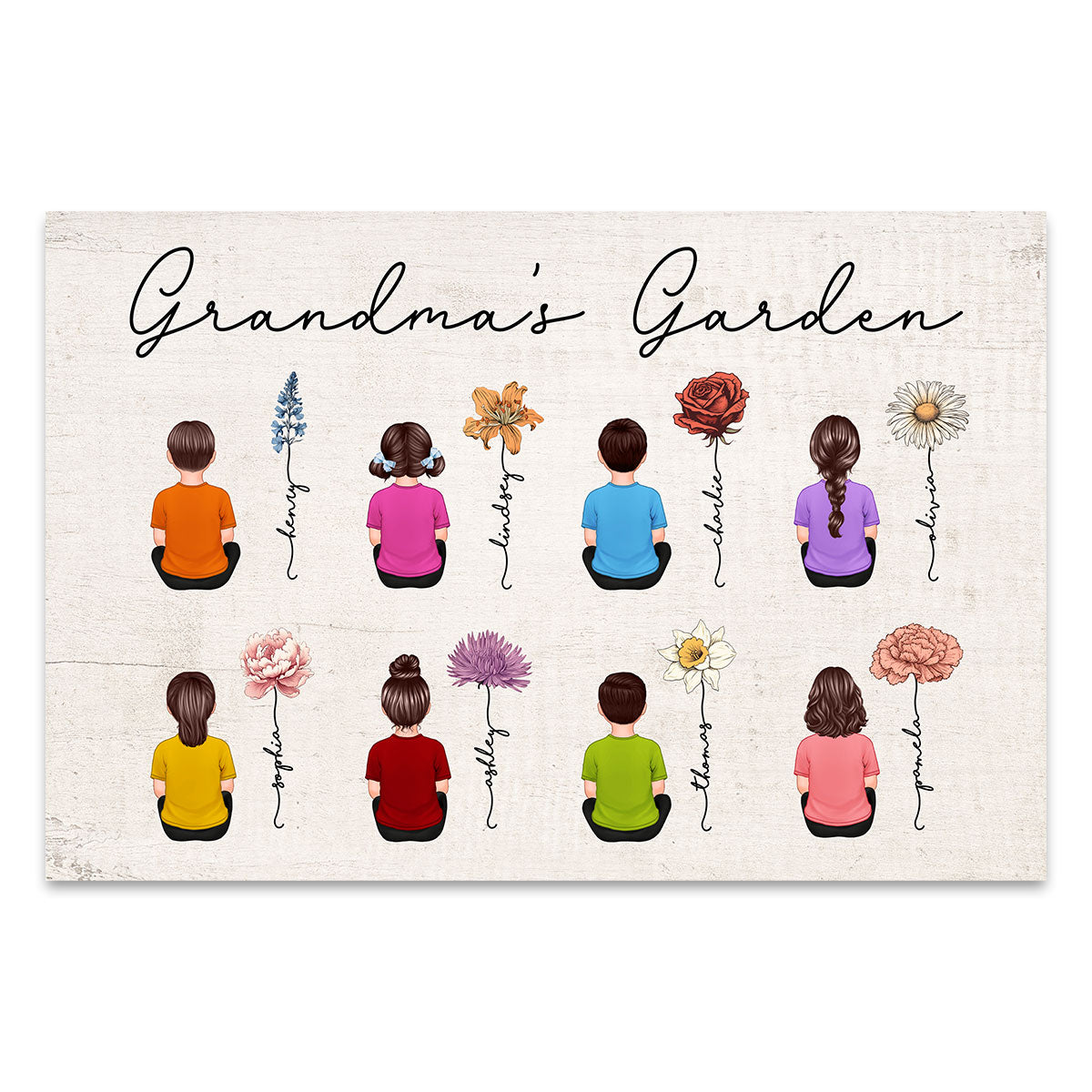 Vintage Birth Month Flowers Garden With Grandkids Names - Personalized Poster - Gift For Grandma, Mom, Auntie
