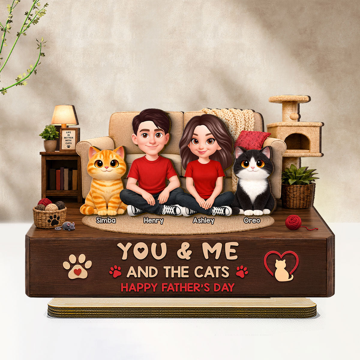 You & Me And The Cats Cozy Room 2D Flat - Personalized 2-Layered Wooden Plaque - Gift For Cat Dad