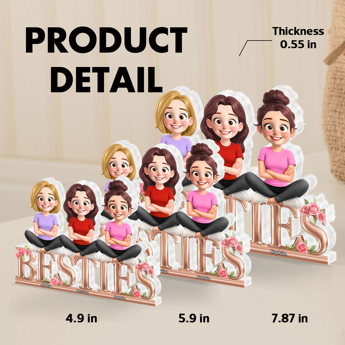 Besties Sisters Sitting On Text 3D Effect Personalized Acrylic Block Plaque