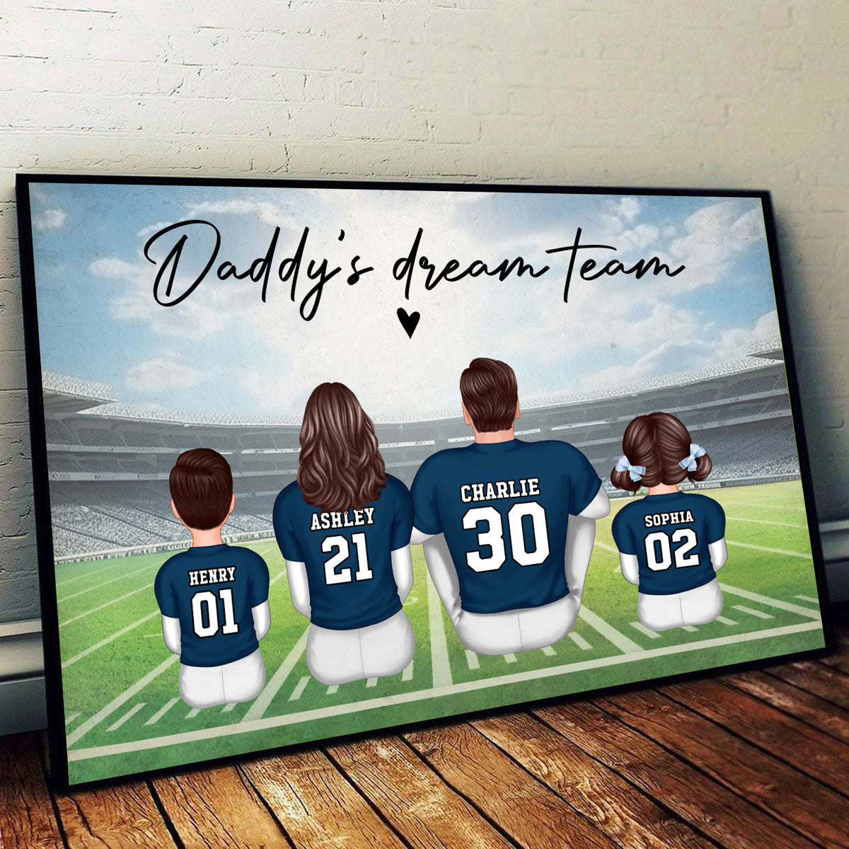 Daddy's Team Football Family Sitting Personalized Poster, Gift For Family, Dad, Grandpa, Husband