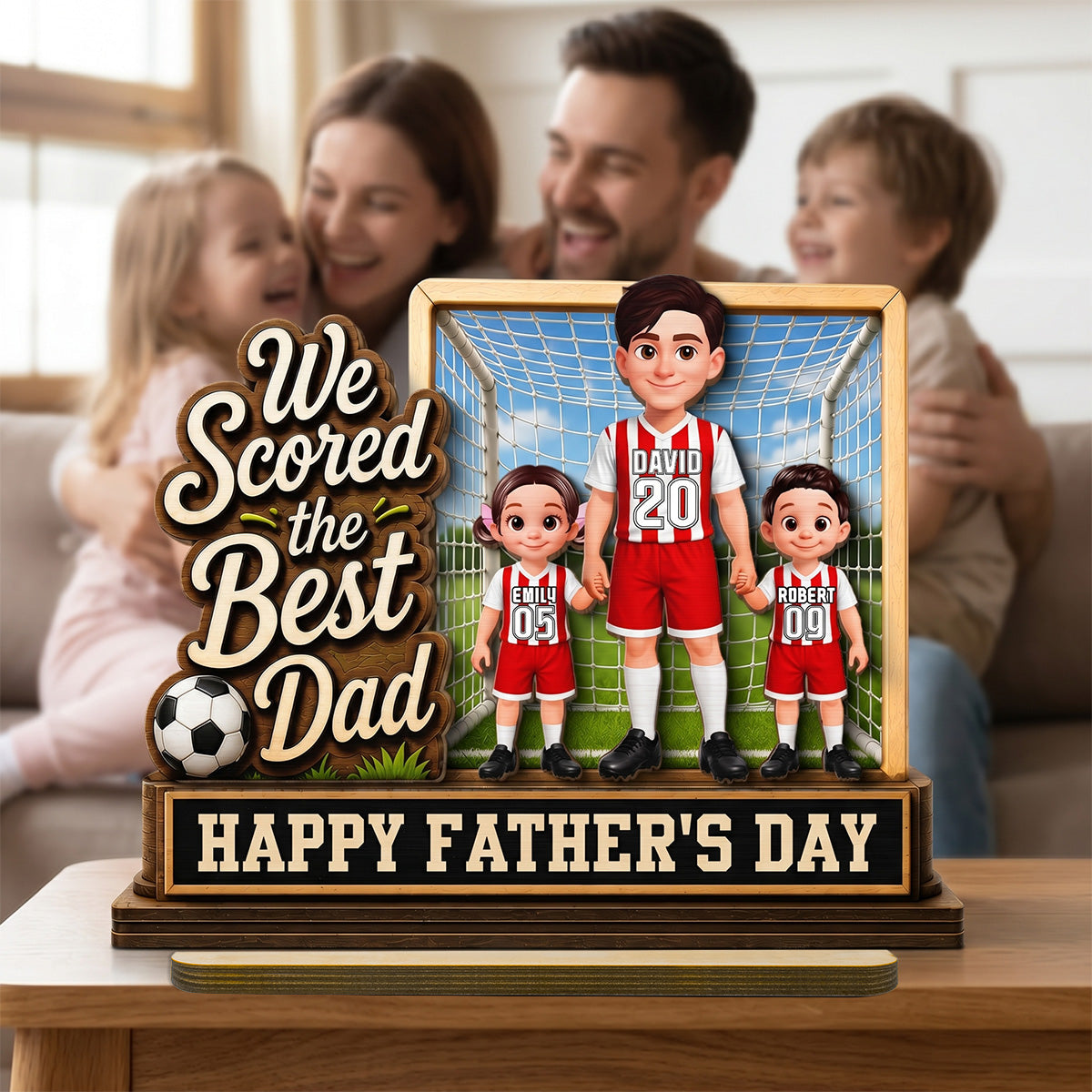 We Scored The Best Dad Dad & Kids In Goal 2D Flat - Personalized 2-Layered Wooden Plaque - Gift For Soccer Dad, UK Football Dad