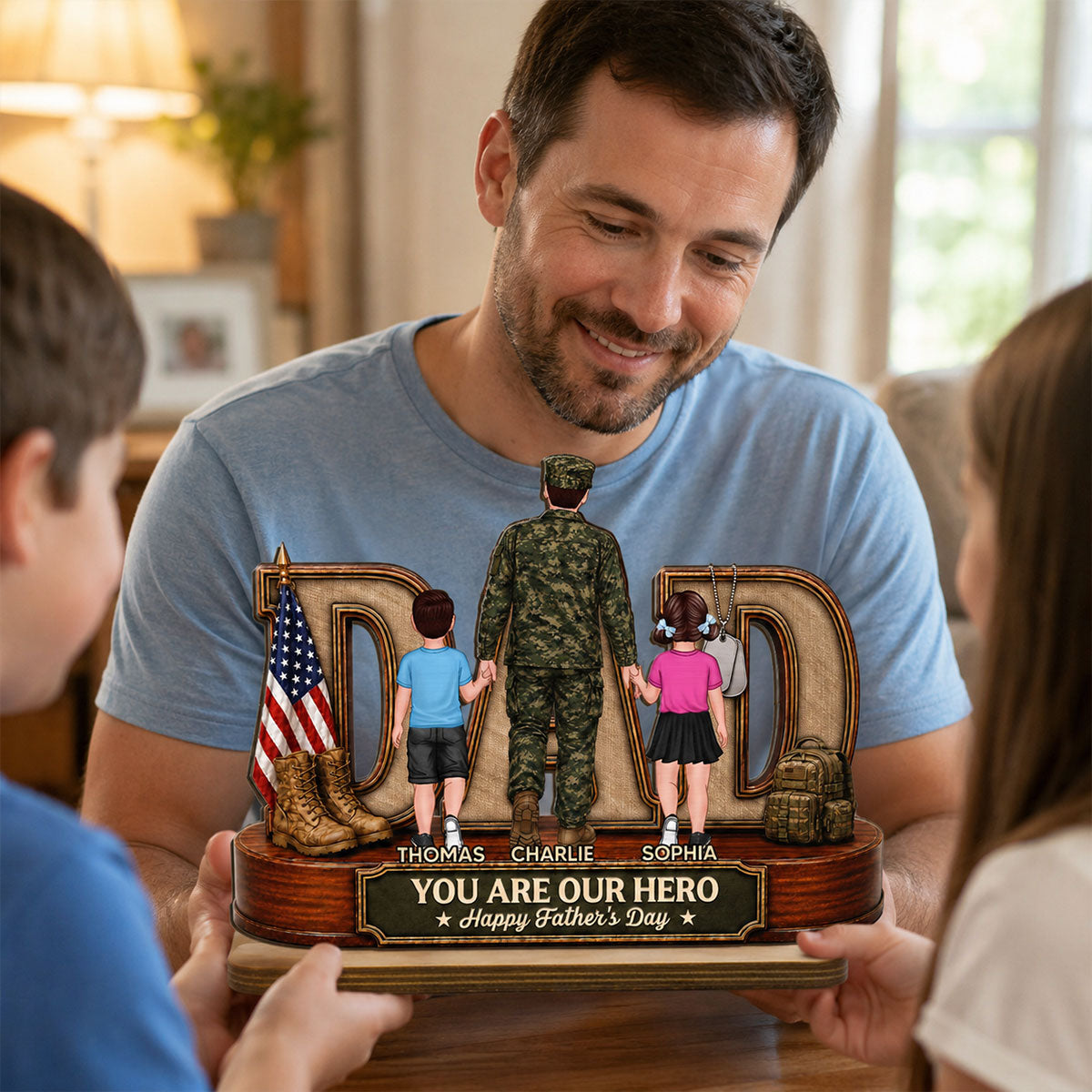 Proud American Army Dad You Are Our Hero - Personalized 2-Layered Wooden Plaque - Gift For Dad, Husband