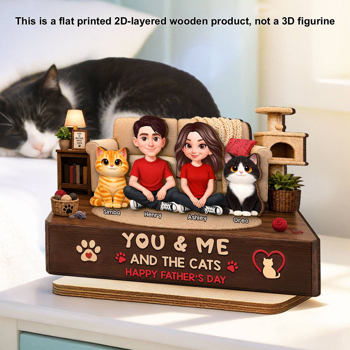 You & Me And The Cats Cozy Room 2D Flat - Personalized 2-Layered Wooden Plaque - Gift For Cat Dad