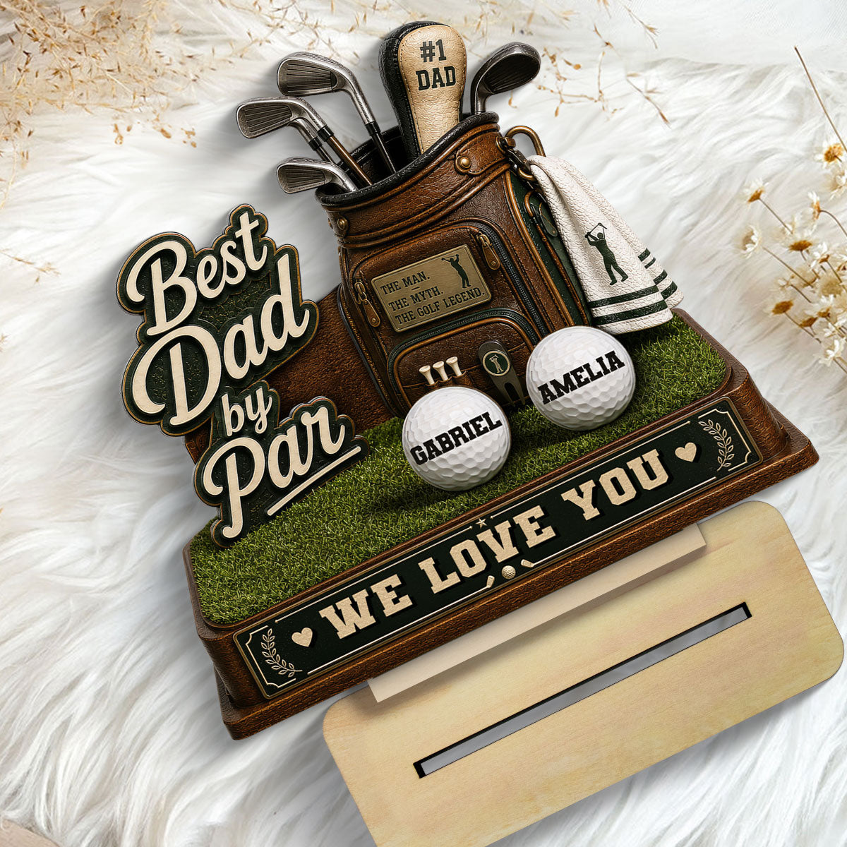 Best Dad By Par Custom Kid Name - Personalized 2-Layered Wooden Plaque - Gift For Golf Dad