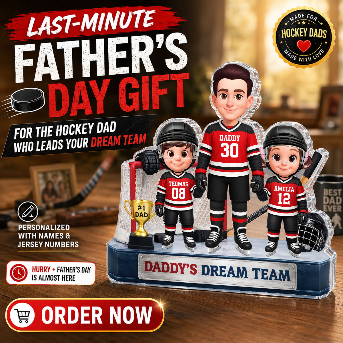 Daddy's Dream Team Hockey Dad & Kids - Personalized Acrylic Block Plaque - Gift For Dad, Husband