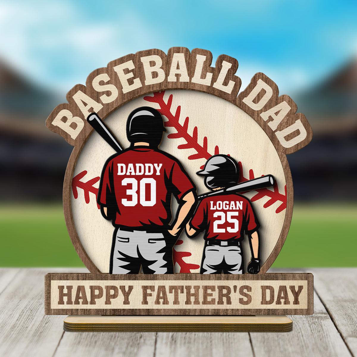 Baseball Family Back View Personalized 2-Layered Standing Wooden Plaque, gift for Dad, for Husband