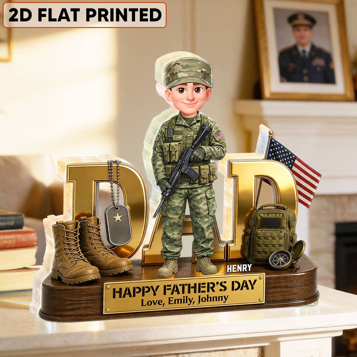 Proud American Military Armed Force Hero Dad 2D Flat - Personalized Acrylic Block Plaque - Unique Trending Gift For Dad, Husband