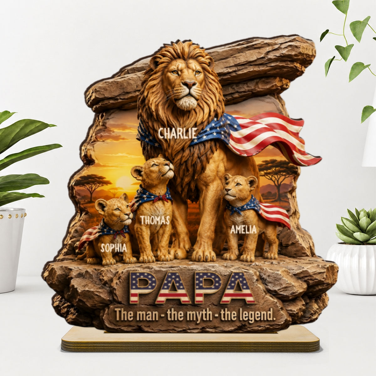 Lion Dad Papa the Legend - Personalized 2-Layered Wooden Plaque - Gift for Dad, Husband