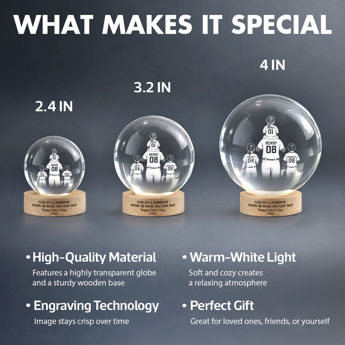 We Caught the Best Dad - Personalized Crystal Ball LED Night Light - Gift for Dad, Husband