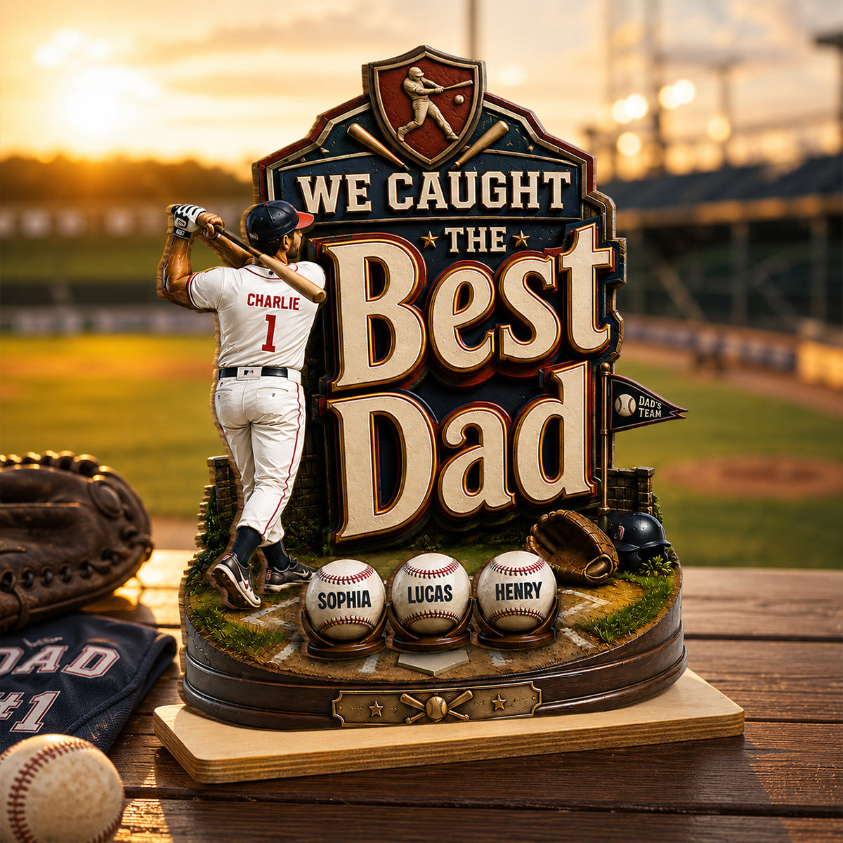 Baseball Dad & Kids We Caught The Best Dad - Personalized 2-Layered Wooden Plaque - Gift For Baseball Dad, Husband