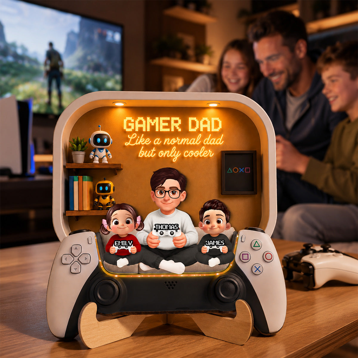 Gamer Dad And Kids - Personalized 2-Layered Wooden Plaque - Gift For Dad, Husband, Gamers