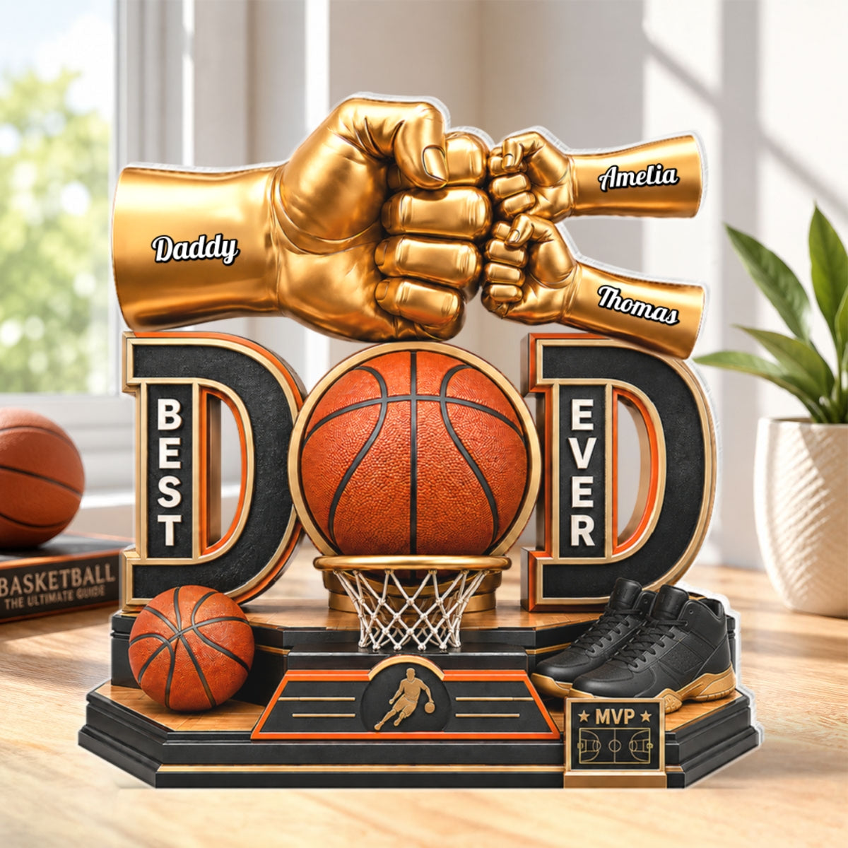 Basketball Dad & Kids Fist Bump - Personalized Acrylic Block Plaque - Gift For Dad, Husband