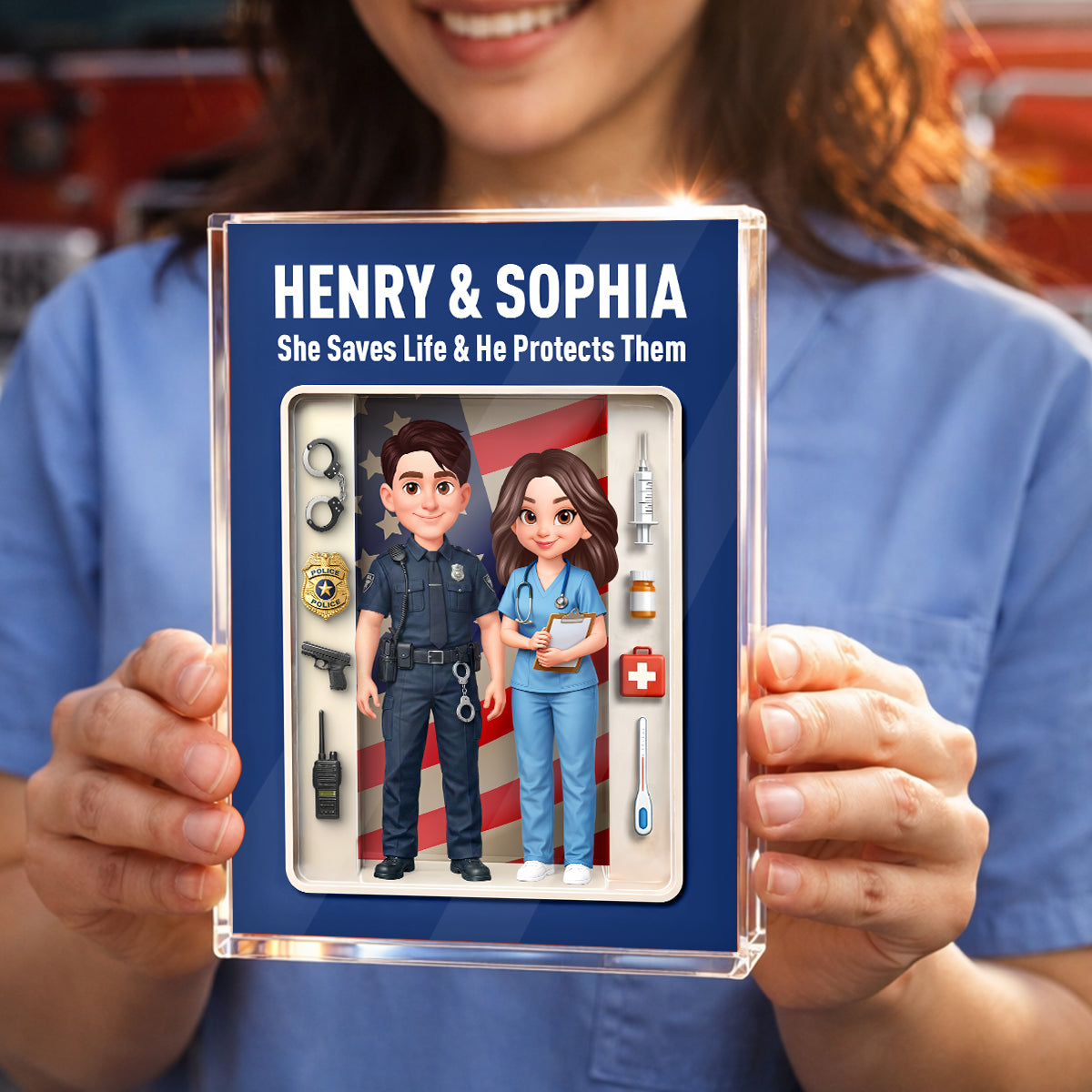 Police & Nurse Couple 3D Action Figure - Personalized Acrylic Block Plaque - Heartfelt Gift for Him, for Her