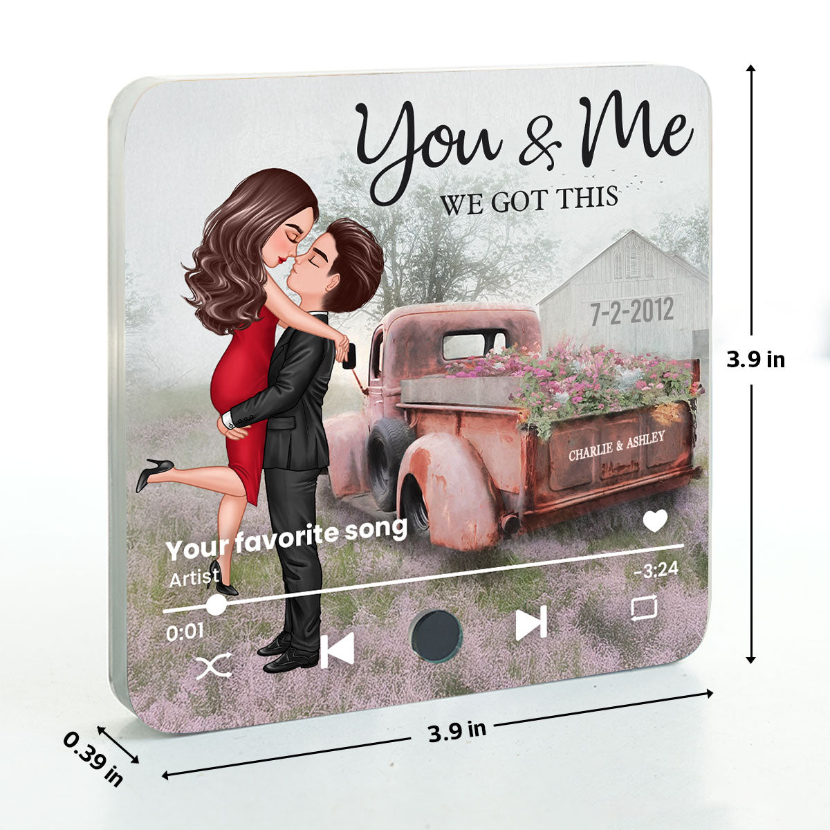 Red Vintage Truck Farmhouse Couple Hugging Kissing Personalized Music Fridge Magnet, Anniversary Gift For Him, For Her