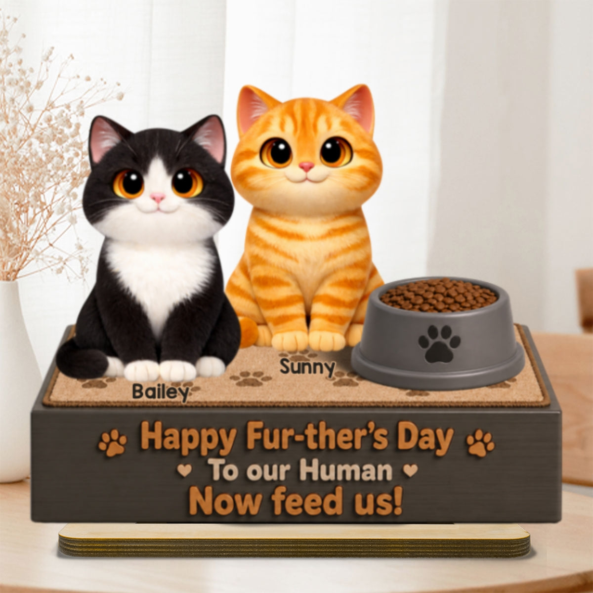 Cute Fluffy Cats Happy Fur-ther's Day Human - Personalized 2-Layered Wooden Plaque - Funny Gift For Cat Dad, Cat Lovers