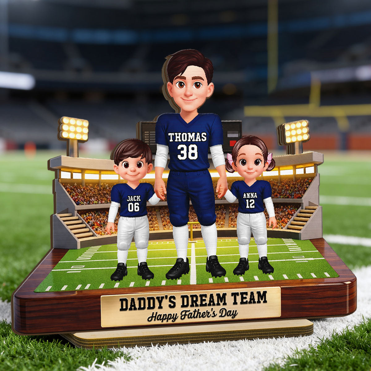 American Football Dad And Kids - Personalized 2-Layered Wooden Plaque - Gift For Dad