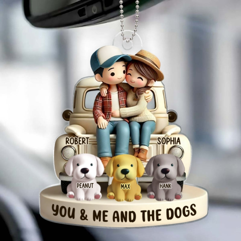 3D Effect Couple On Truck You Me And The Dog Cats Personalized Acrylic Car Hanger Ornament, Heartfelt 2025 Gift For Couple, For Dog Lovers, Cat Lovers