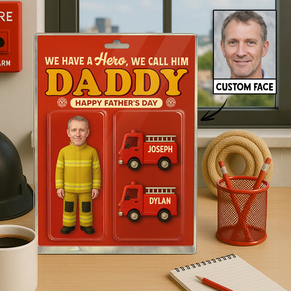 Firefighter Dad Hero Custom Figure 3D Effect Personalized Flat Acrylic Block Plaque, Unique Gift For Dad