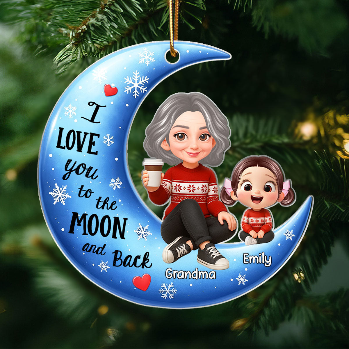 Cute Grandma Grandkids Sitting on Moon Personalized Acrylic Ornament, Christmas Gift for Grandma, Granddaughter, Grandson