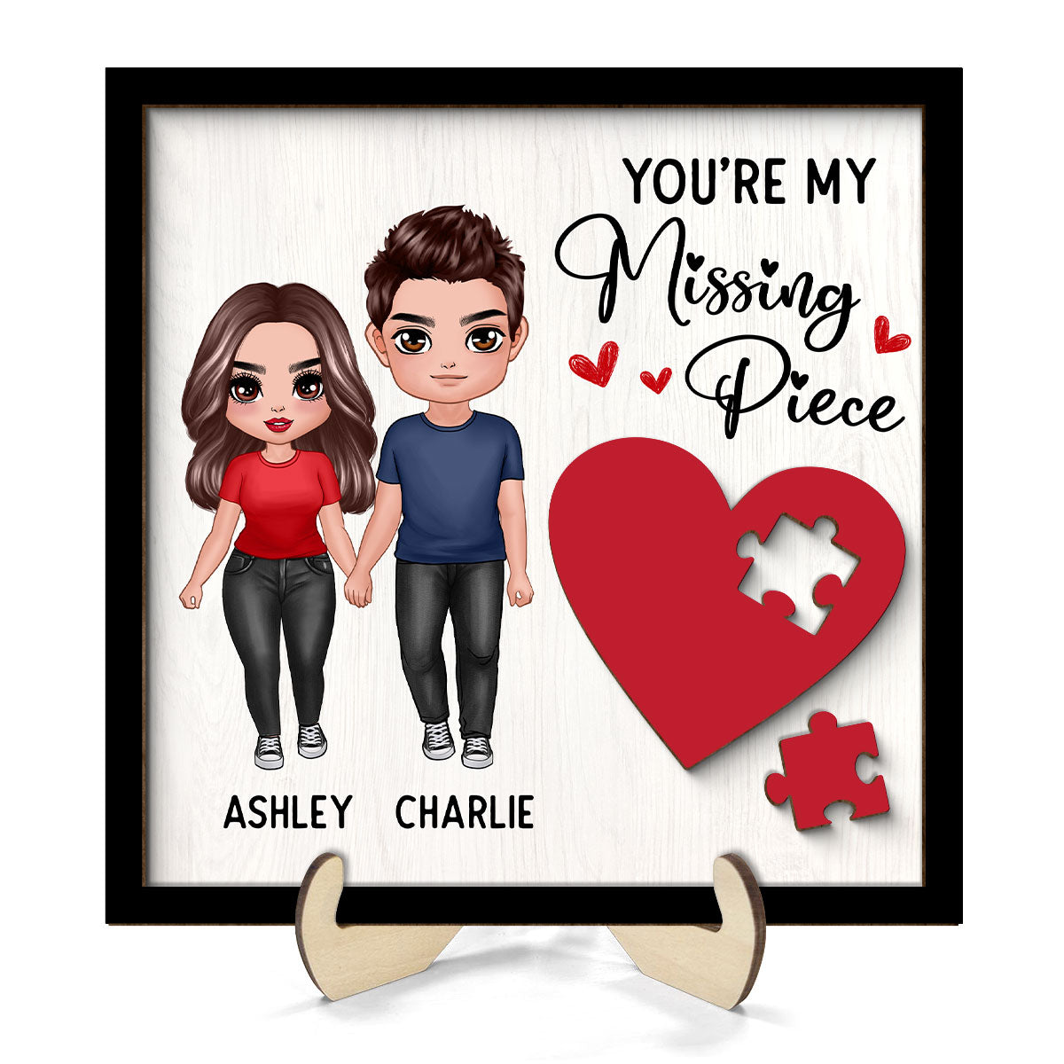Standing Doll Couple Missing Piece Red Heart Valentine‘s Day Gift For Her Gift For Him Personalized 2-Layer Wooden Plaque