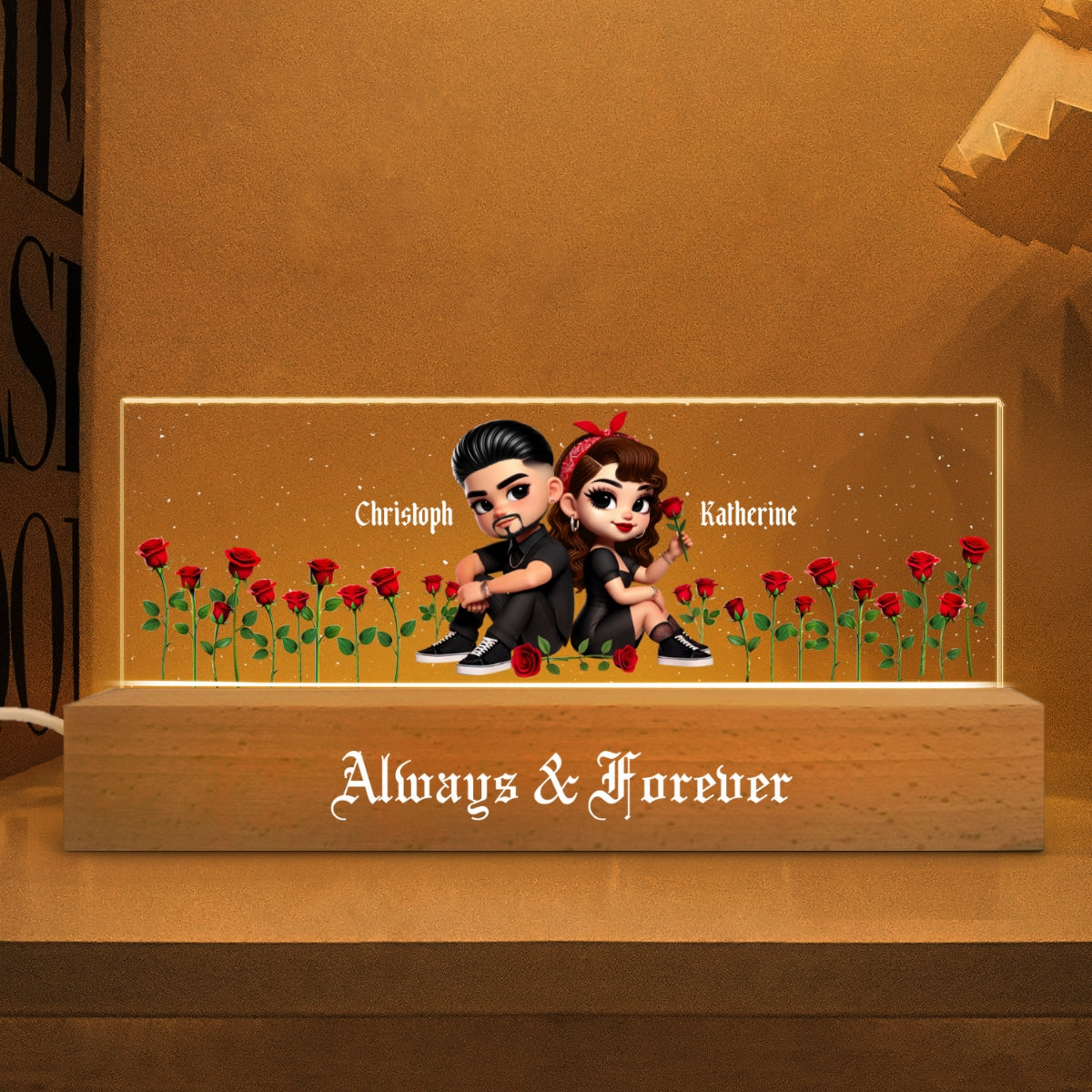 Pretty Couple Roses Heart Together Since Personalized Acrylic Block LED Night Light, Gift, Anniversary Gift for Couples