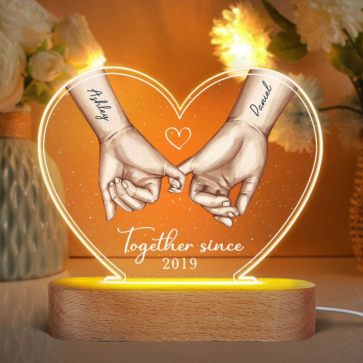 Personalized Couple Hands Pinky Promise Acrylic Heart LED Night Light, gift, Anniversary Gift for Couples