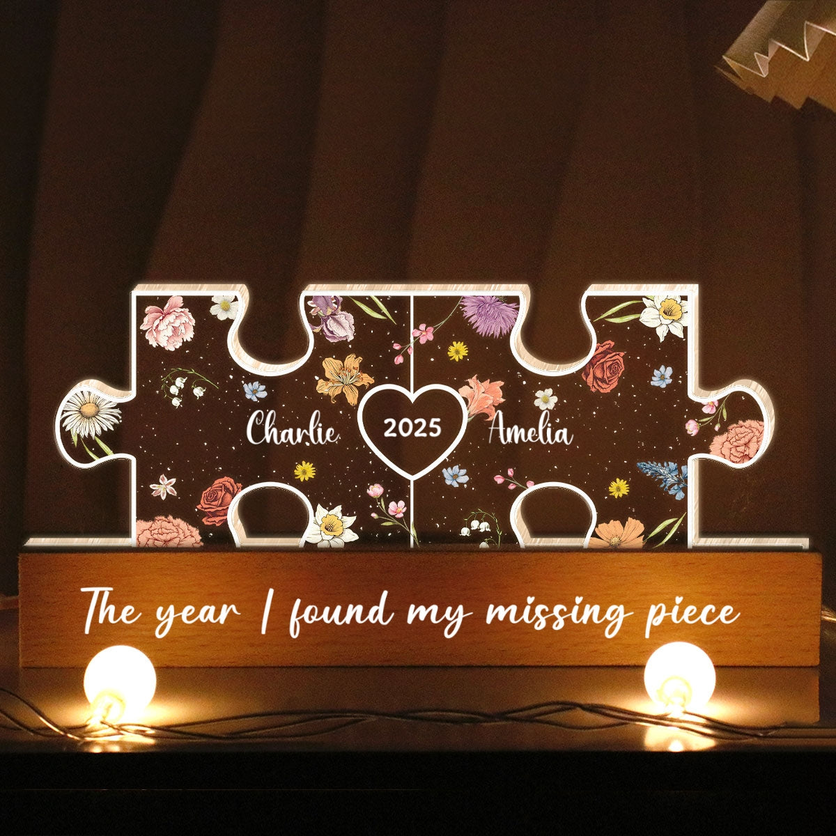 You Are My Missing Piece Couple Initials Floral Theme Personalized Acrylic LED Night Light, Heartfelt 2025 Gift, Anniversary Gift For Her, For Girlfriend, For Wife