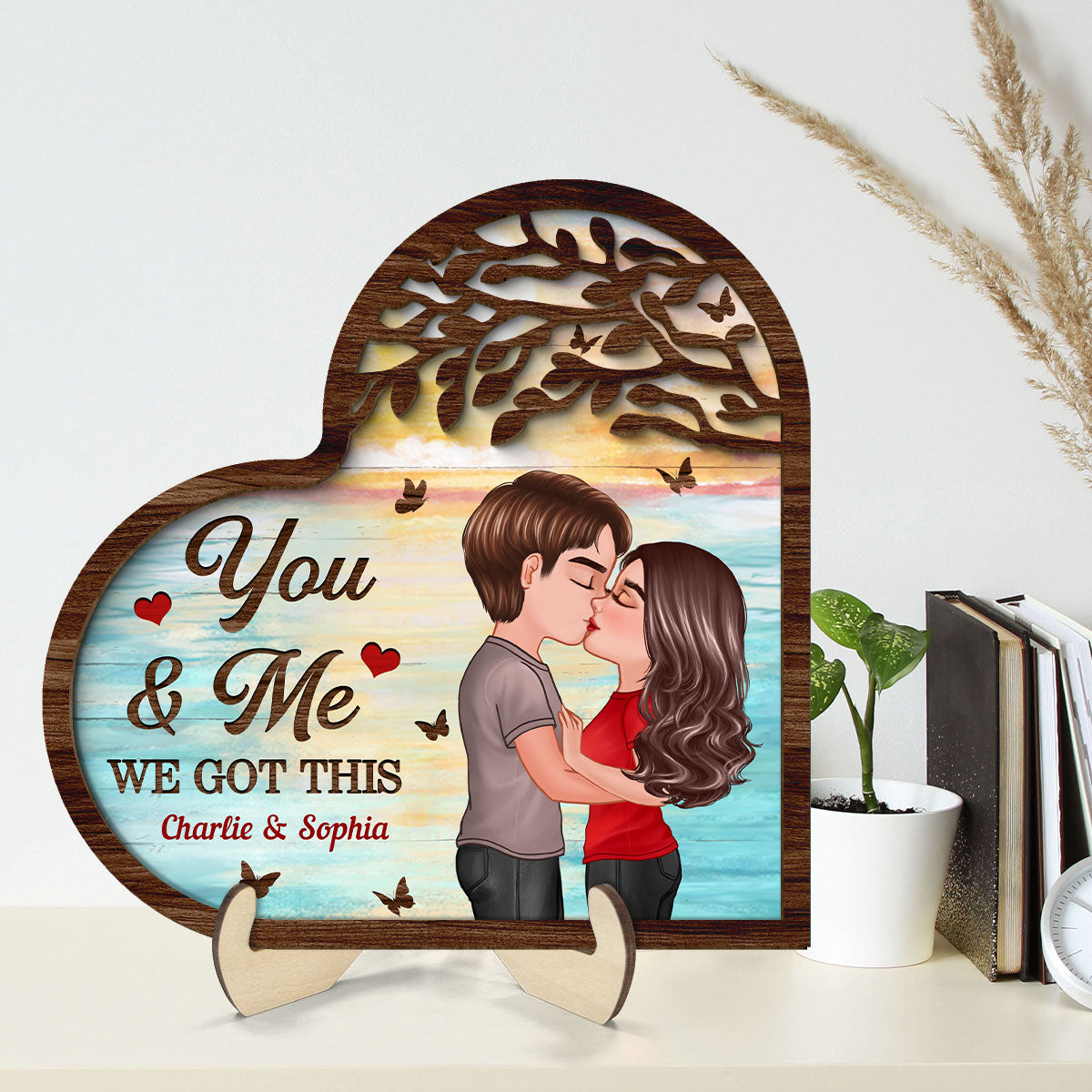 Couple Kissing Under Tree Heart Shaped Gift For Him For Her Personalized 2-Layer Wooden Plaque