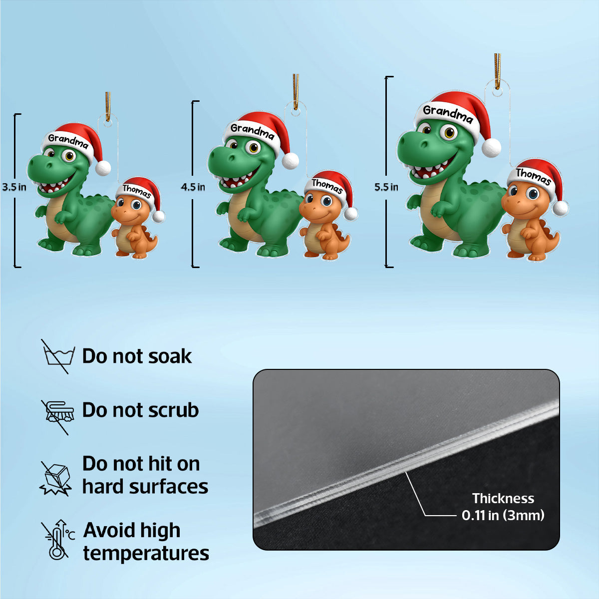 3D Effect Grandmasaurus Dinosaur Grandkid Walking Together - Personalized Acrylic Ornament
