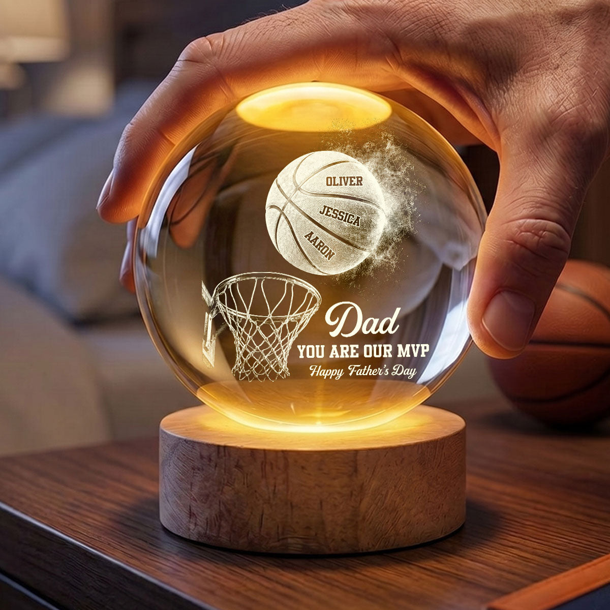 Basketball No 1 Dad Legend You Are Our MVP - Personalized Crystal Ball LED Night Light - Gift For Dad, Husband, Basketball Fans