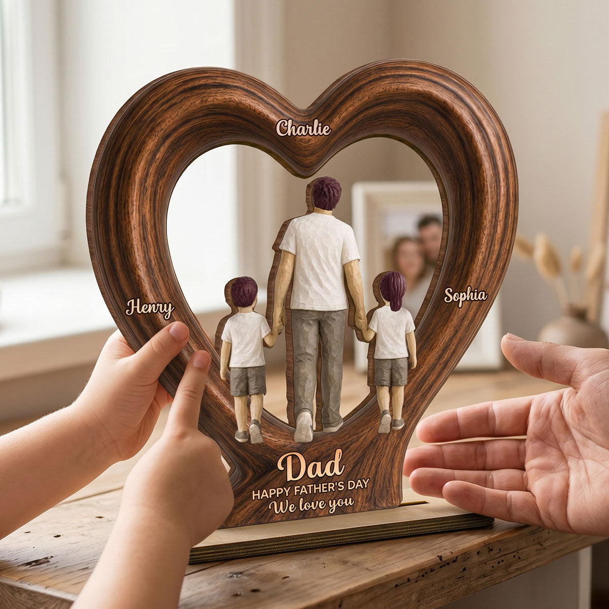 Sentimental Rustic Dad And Kids Walking In Heart 2D Flat - Personalized 2-Layered Wooden Plaque - Gift For Dad, Husband