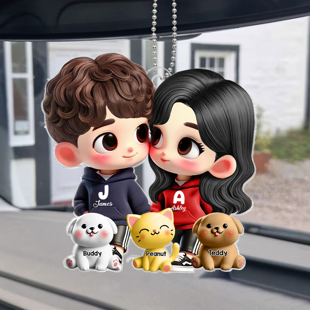 3D Effect Cute Cartoon Couple Holding Hands with Dogs Cats Personalized Acrylic Car Hanger, Anniversary & Gift for him, Gift for her