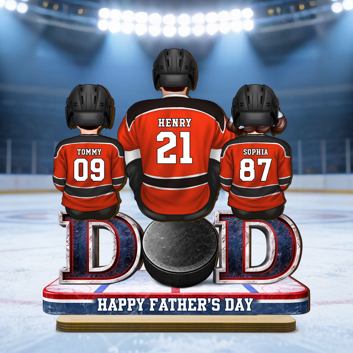 Hockey Dad And Kids Sitting Together - Personalized 2-Layered Wooden Plaque - Gift, Gift For Hockey Dad, Gift For Husband