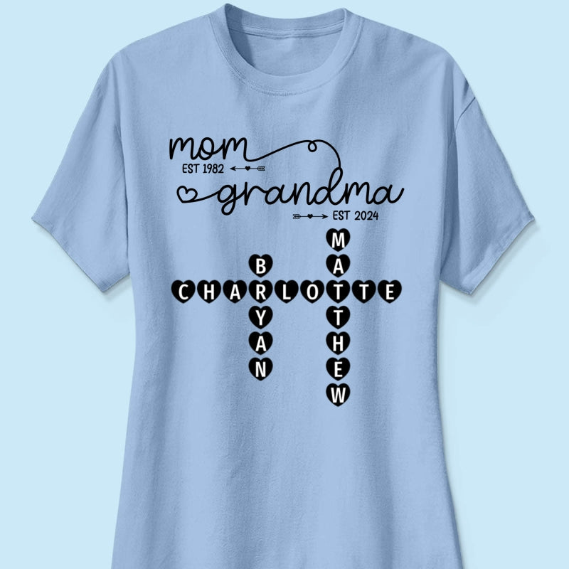 Mom Grandma Est. Swirl Crossword Puzzle Art Personalized Shirt