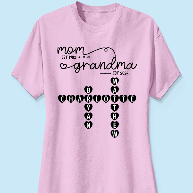 Mom Grandma Est. Swirl Crossword Puzzle Art Personalized Shirt