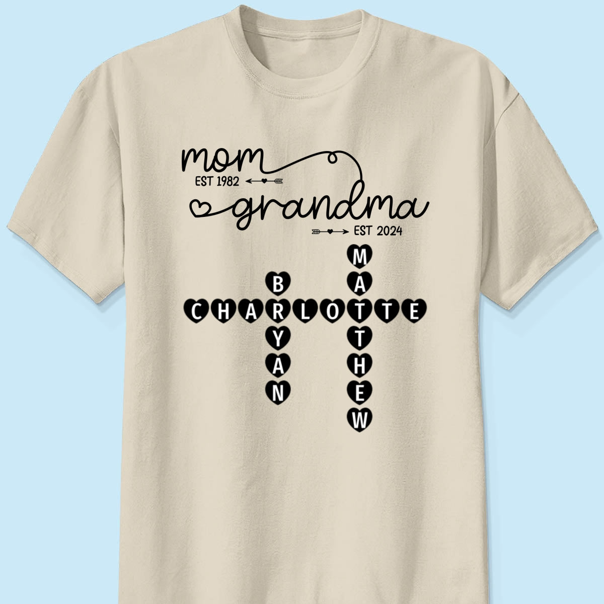 Mom Grandma Est. Swirl Crossword Puzzle Art Personalized Shirt