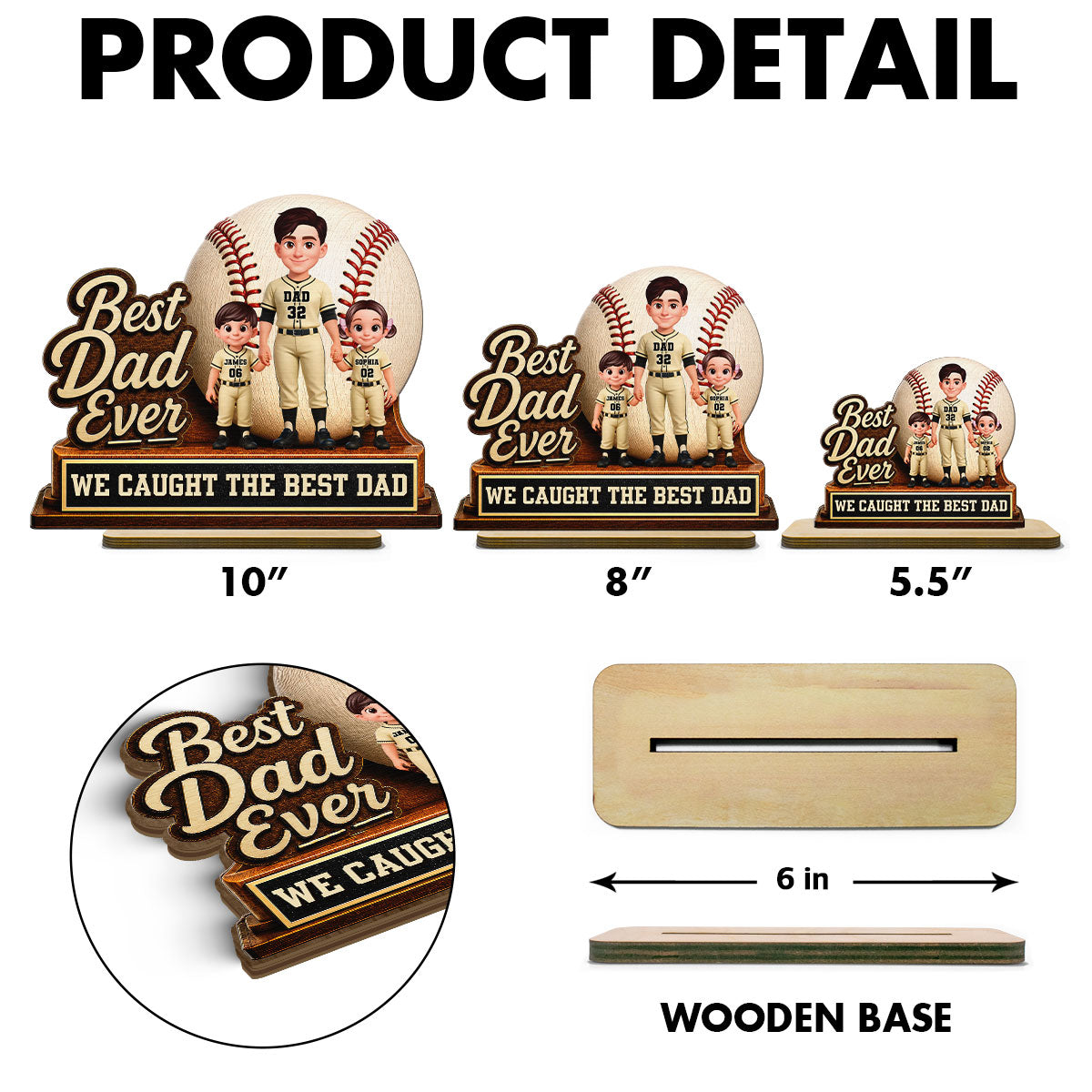 We Caught The Best Dad Dad & Kids - Personalized 2-Layered Wooden Plaque - Happy For Baseball Softball Dad